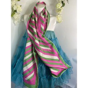 Burmel Vintage 1960's‎ Pink Green Stripe Hand Rolled All Silk Scarf 13x68 Italy